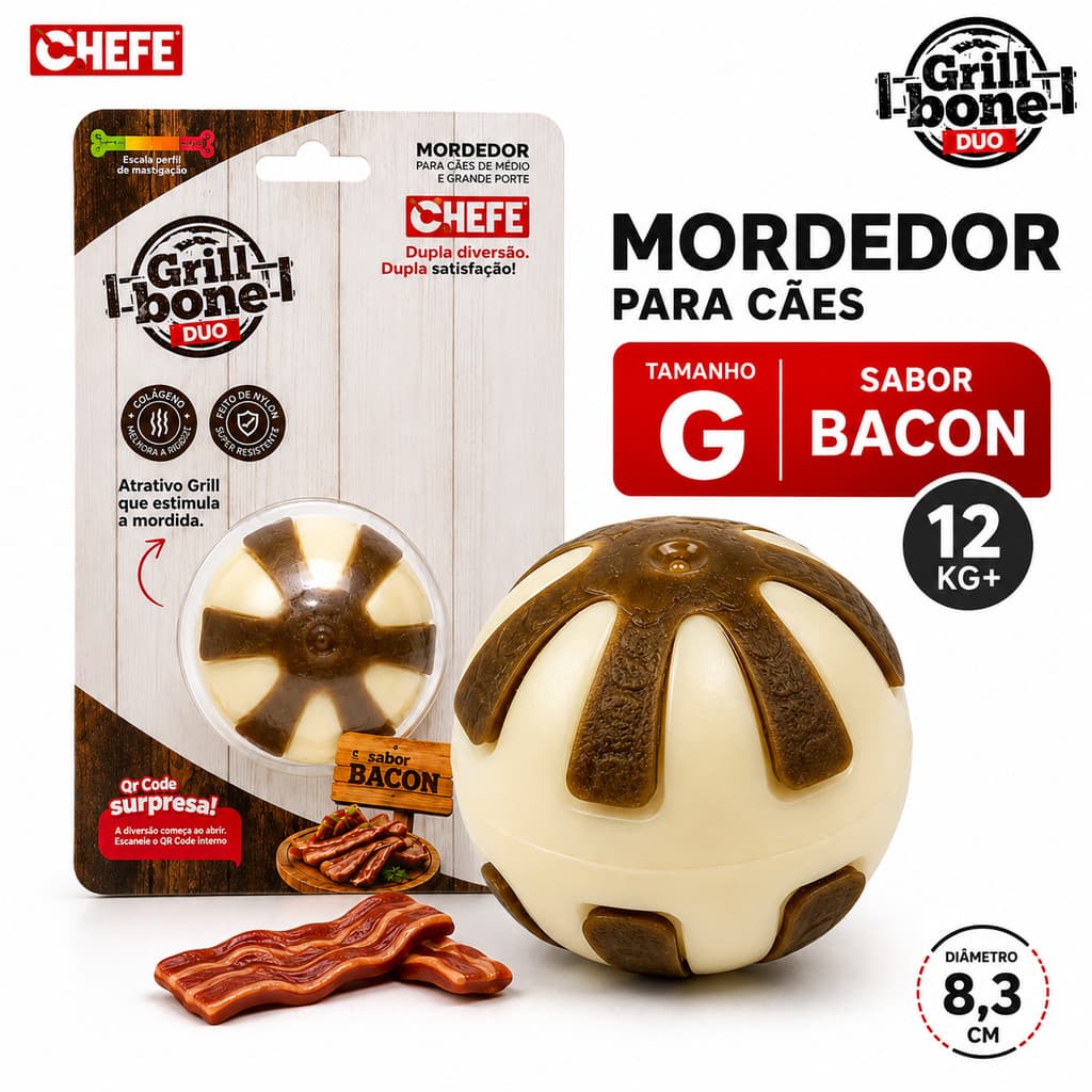 Mordedor Grande Nylon para Cachorro Grill Bone Duo Sabor Bacon Chefe Brinquedo Resistente para Roer