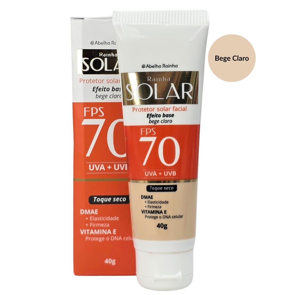 Protetor Solar Facial Cor De Base Bege Claro FPS 70 Rainha Solar Abelha Rainha 40g