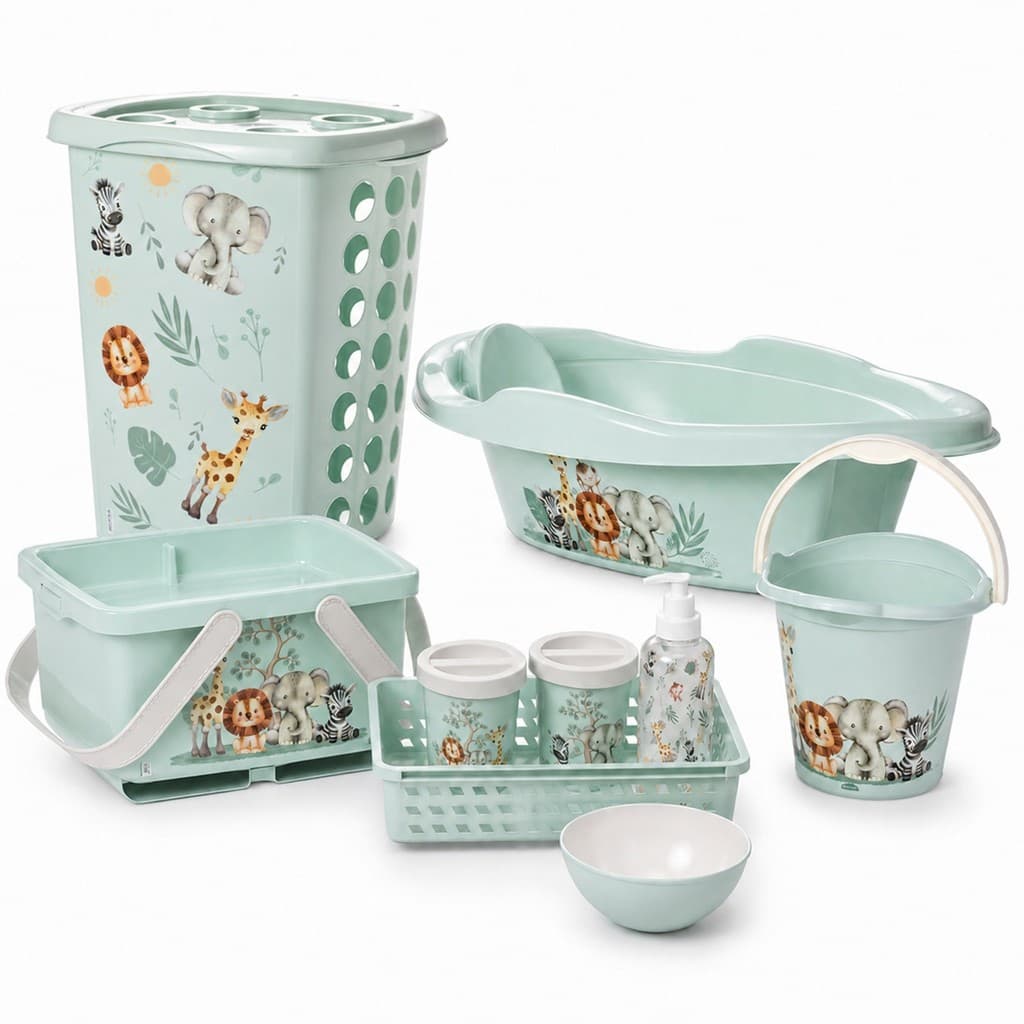 Kit Bebê Completo Bichinhos 9 Peças Banheira Cesto Roupas Balde Caixa Higiene Infantil - Plasútil