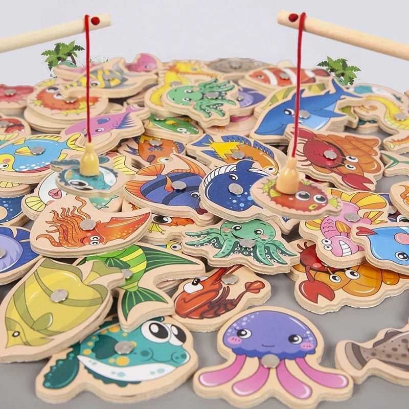 Brinquedo de Pesca Infantil e Educativo -  Pescaria de Madeira - Brinquedo Montessori Magnético