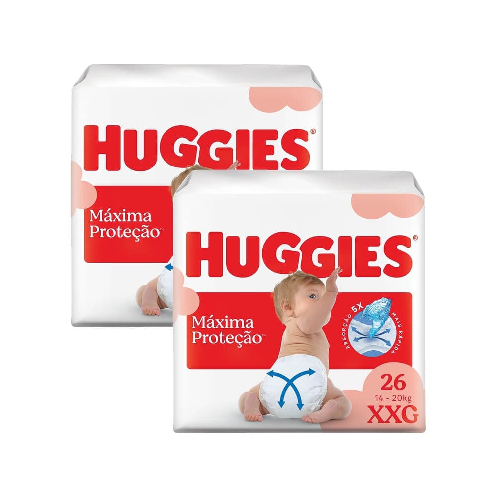Kit 2 Fralda Huggies Máxima Proteção Tamanho XXG Mega 26 Unidades Descartáveis