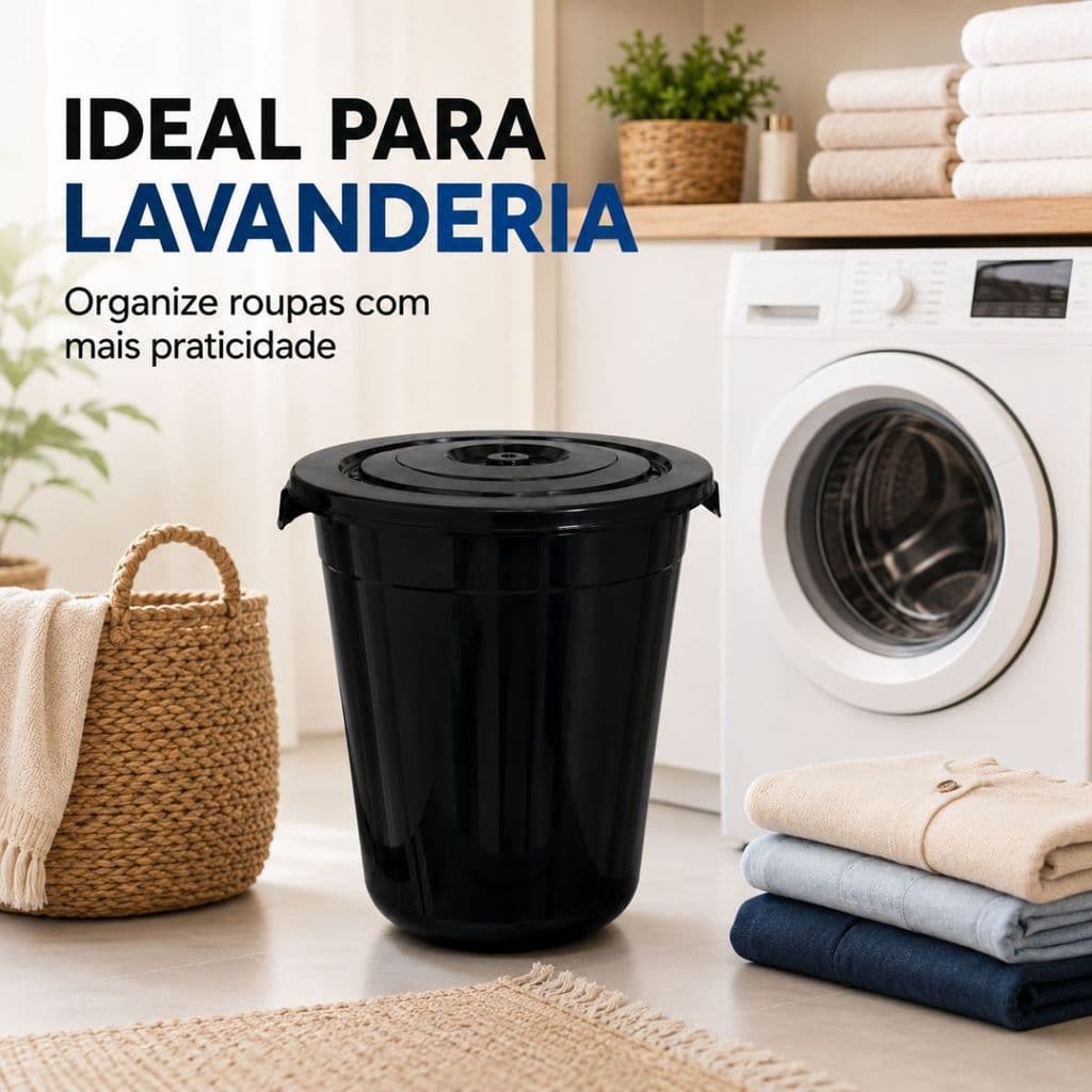 Cesto De Roupas Organizador 53L Lixeira Com Alças Preto Lavanderia Banheiro Multiuso Casa