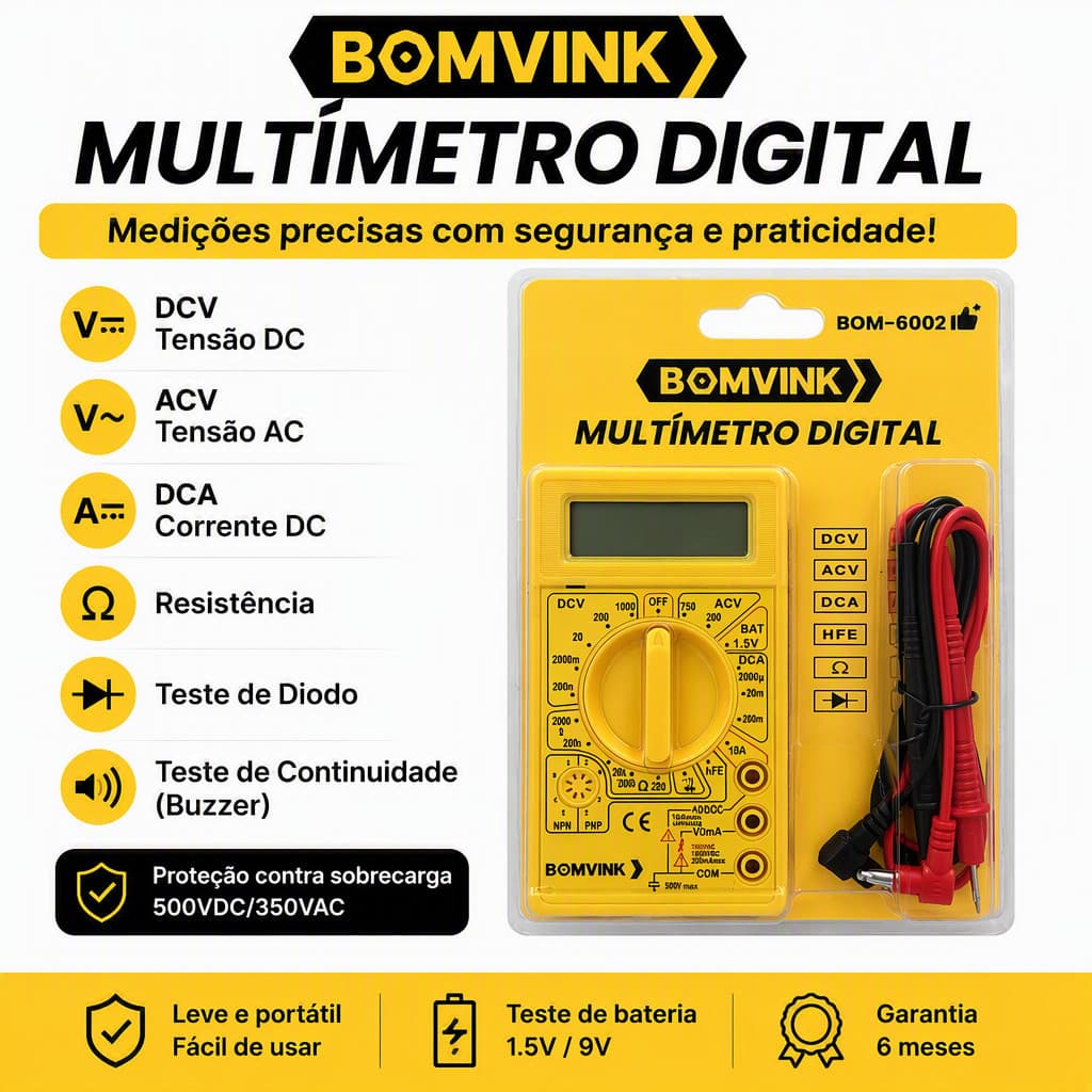Multímetro Digital Tester Portátil Mede Tensão AC/DC, Corrente, Resistência, Teste de Diodo e Transistor com Cabos Prova