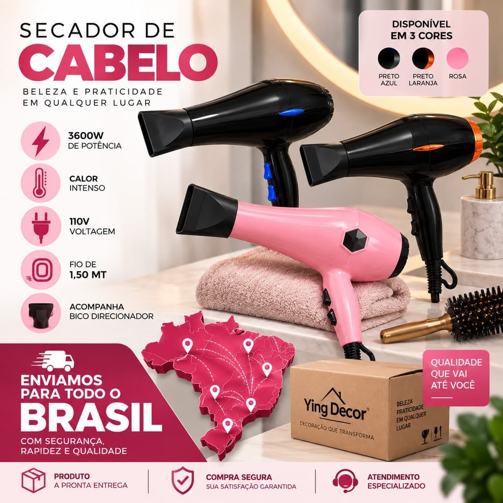 Secador de Cabelo Profissional 3600W 110V Potente Secagem Rápida com Bico