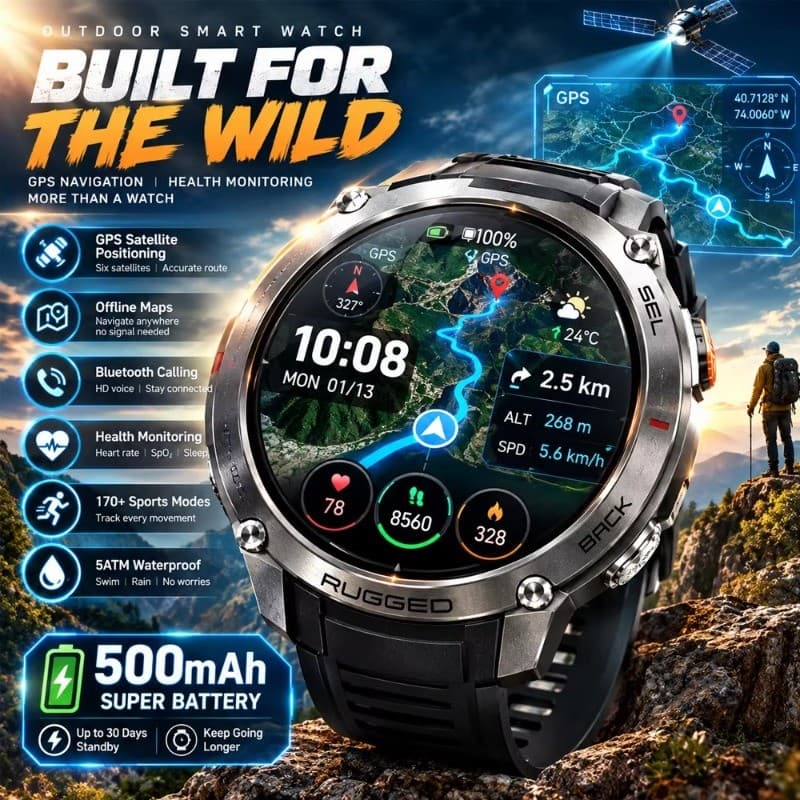 2026 Smartwatch Relógio Inteligente Militar 1.43 " Display AMOLED Embutido 6 Satélite GPS Bússola 10ATM À Prova Dwaterpr