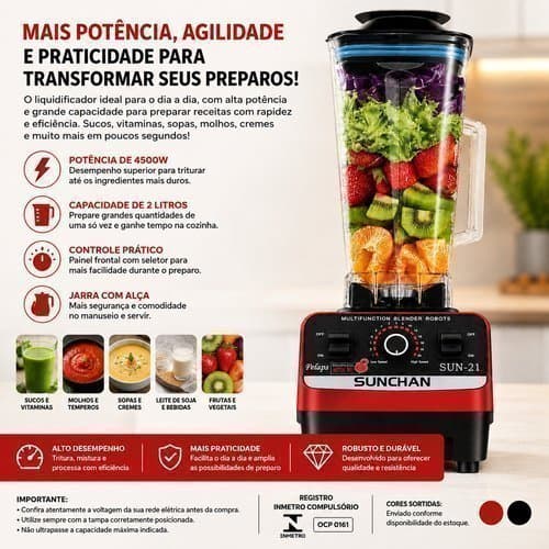 Liquidificador Potente 4500W 127V 2L Tritura Frutas E Gelo Lâmina Inox Alta Potência