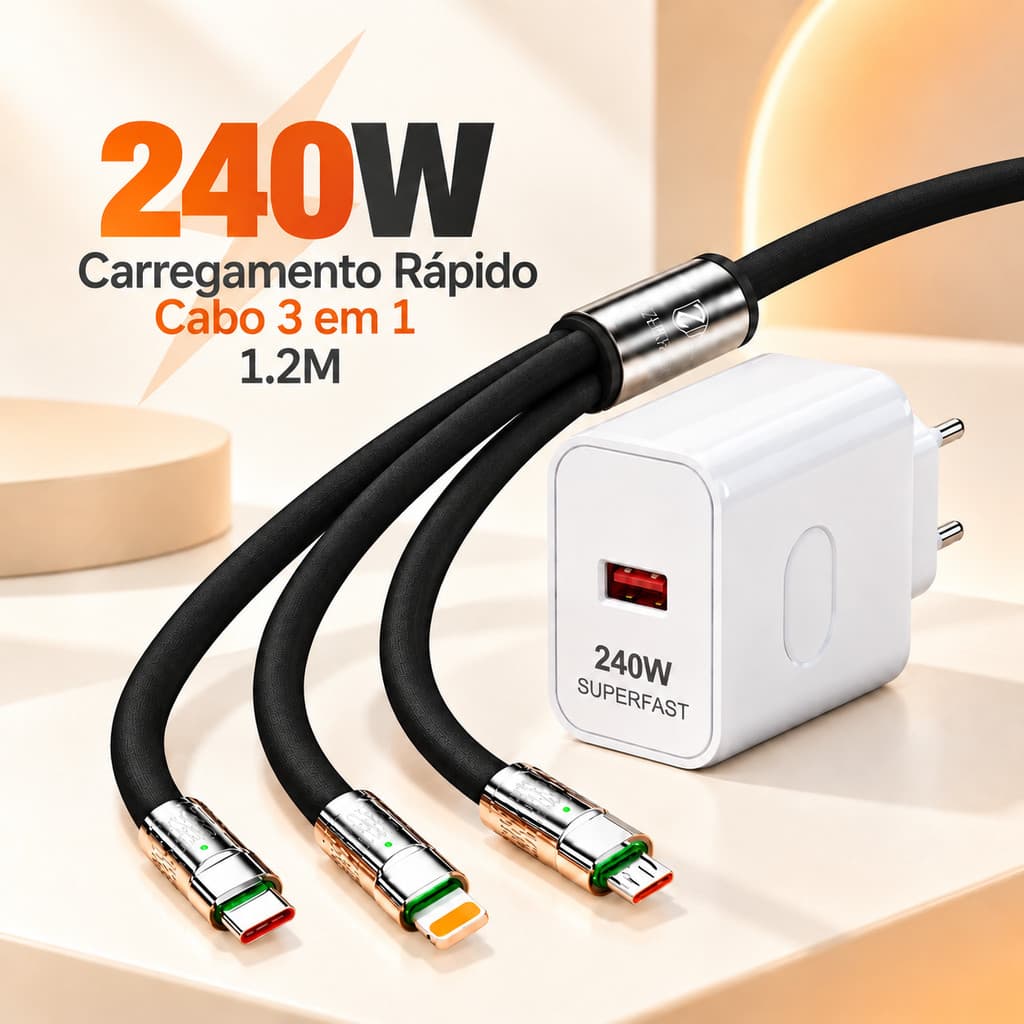 Kit Carregador 240W Cabo 3 em 1 6A USB A Tipo C iP Micro USB Carga Rápida Silicone LED 1.2M para Celular