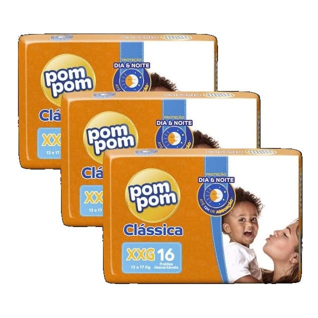 kit 3 Fralda Descartável Pom Pom Clássica Jumbo Tamanho XXG Pacotes com 16 Fraldas