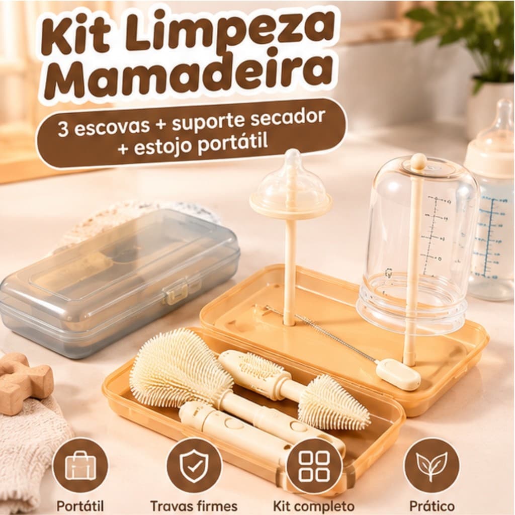Kit Escova Limpeza Mamadeira Bico Canudo Case 16cm Portátil Escova Articulada Suporte Secador para Viagem Bebê