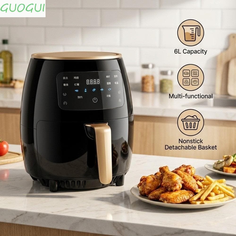 Fritadeira De Ar GUOGUI , Elétrica Multifuncional 6L , Digital Com Temperatura Ajustável Tela Sensível Ao Toque