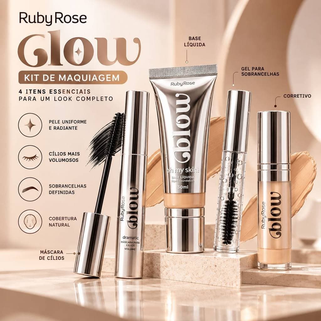 Kit de Maquiagem Ruby Rose Glow 4 Itens com Base Líquida, Corretivo, Rímel e Gel para Sobrancelhas
