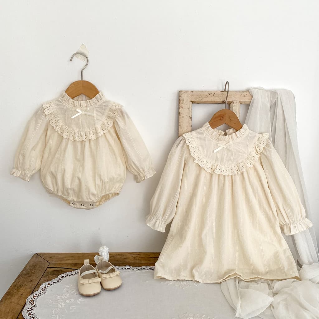 Meninas meninas irmãs roupas bebê fungo colarinho renda bordado manga comprida macacão 2026 primavera outono bebê menina