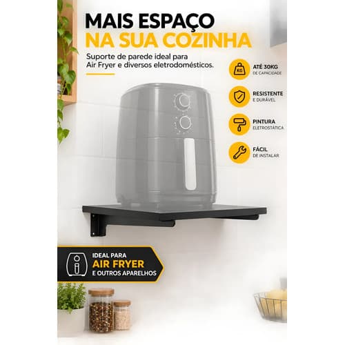 Suporte De Parede Prateleira Para Airfryer Madeira Preta 1,5cm com suportes parede encaixe trilho móvel 