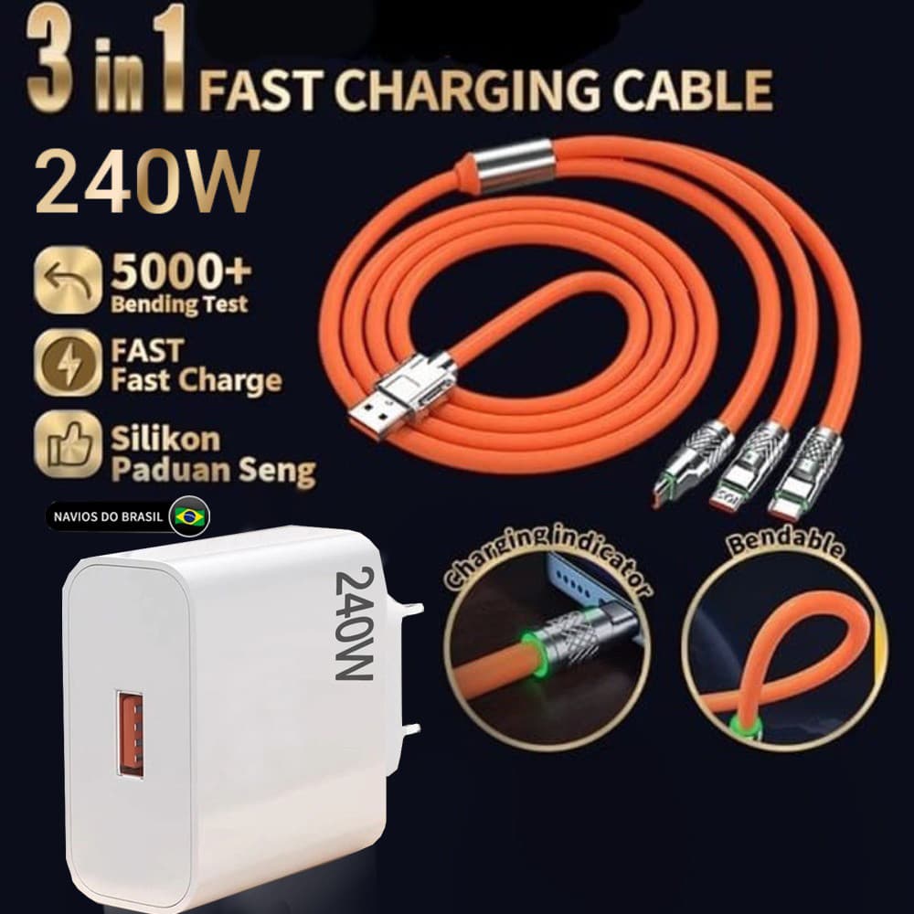 Carregador Super Adaptador De Portas 240 W 3 Em 1 Cabo De Dados De Carregamento Para Cabos De Carregadores Rápidos Micro