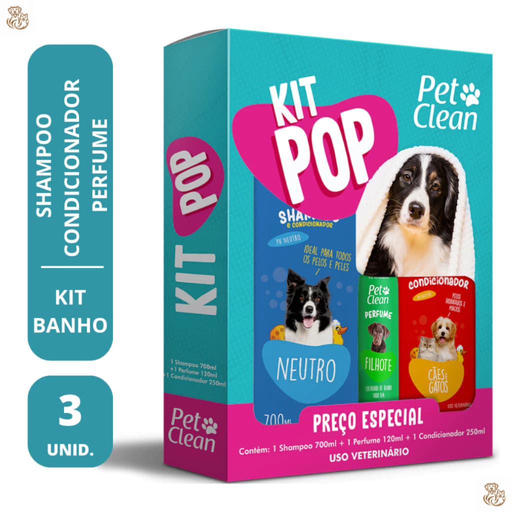 KIT Banho Pop para Cachorro Cães e Gatos - Shampoo, Condicionador e Perfume  Pet Clean