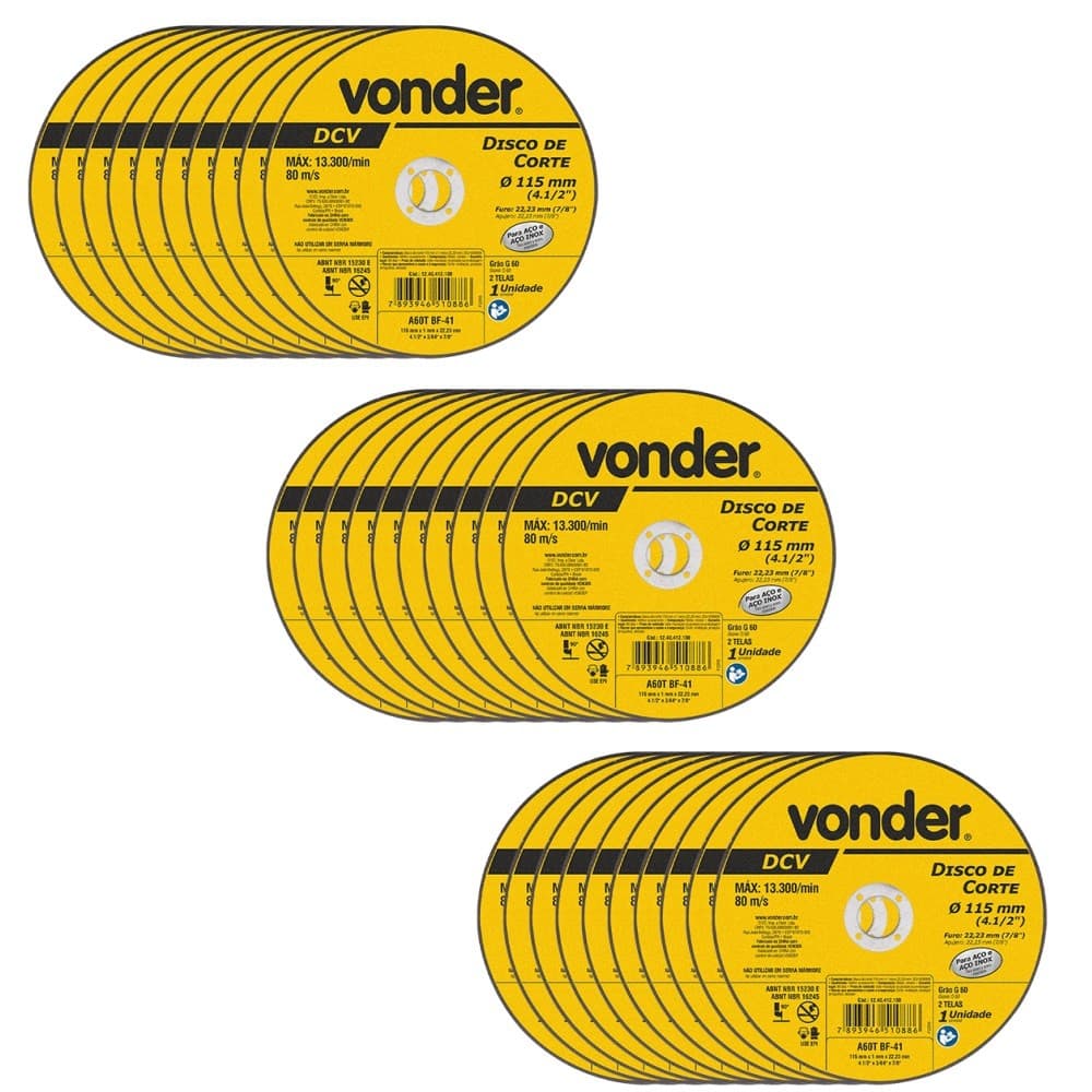 30 Discos De Corte 115mm X 1,0mm X 22,23mm DCV Vonder