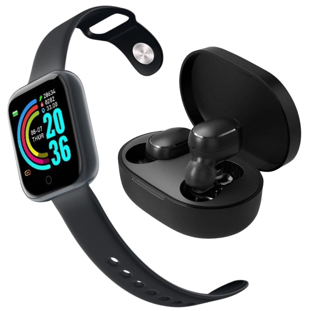 Kit Fone de Ouvido + Relógio PRETO Smartwatch Bluetooth - Fone de Ouvido sem Fio Bluetooth Com Relógio Moderno