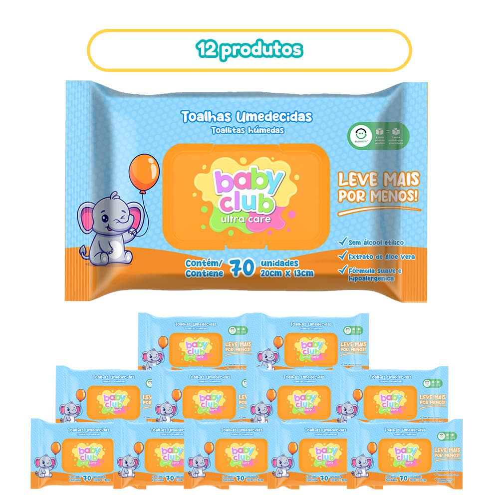 12 Pacotes Toalha Umedecida Tradicional 70 Fls Baby Club
