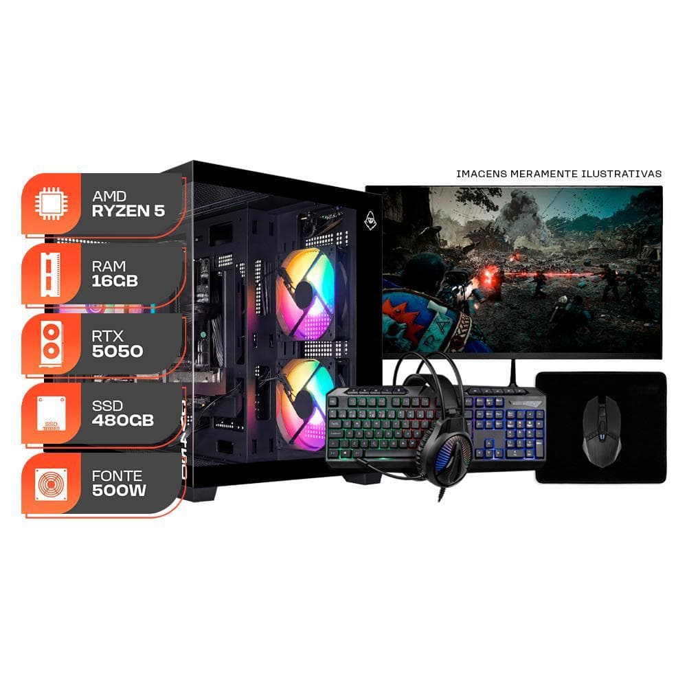 PC Gamer Spectrum, AMD Ryzen 5 5500, RTX 5050 8GB, 16GB DDR4, SSD 480GB, Completo com Monitor 180Hz e Periféricos