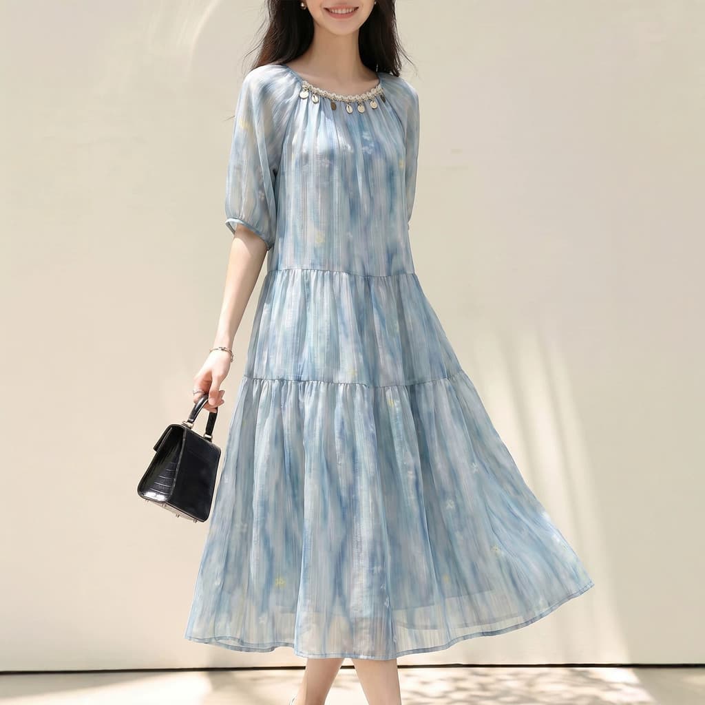Olhos grandes [roupas femininas grandes] vestido de manga curta-azul estampado vestido elegante feminino verão vestido s