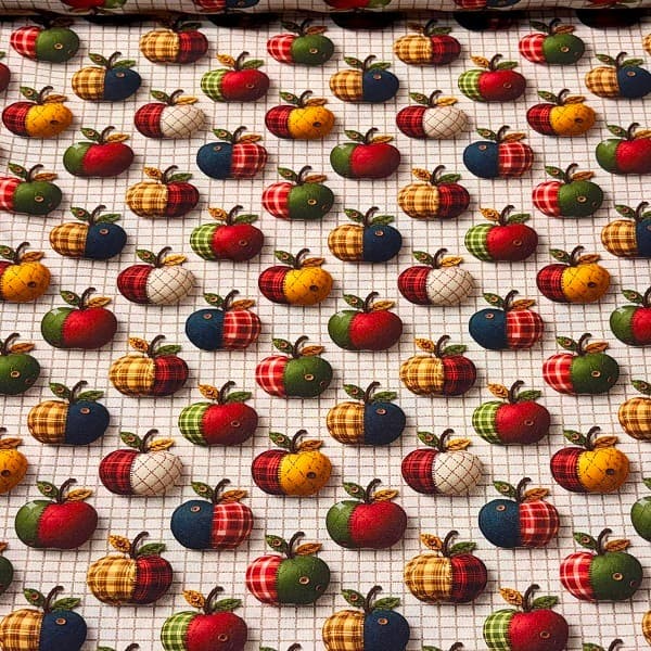 Tecido Tricoline digital Fruta Maça Fundo Quadriculado tipo Patchwork