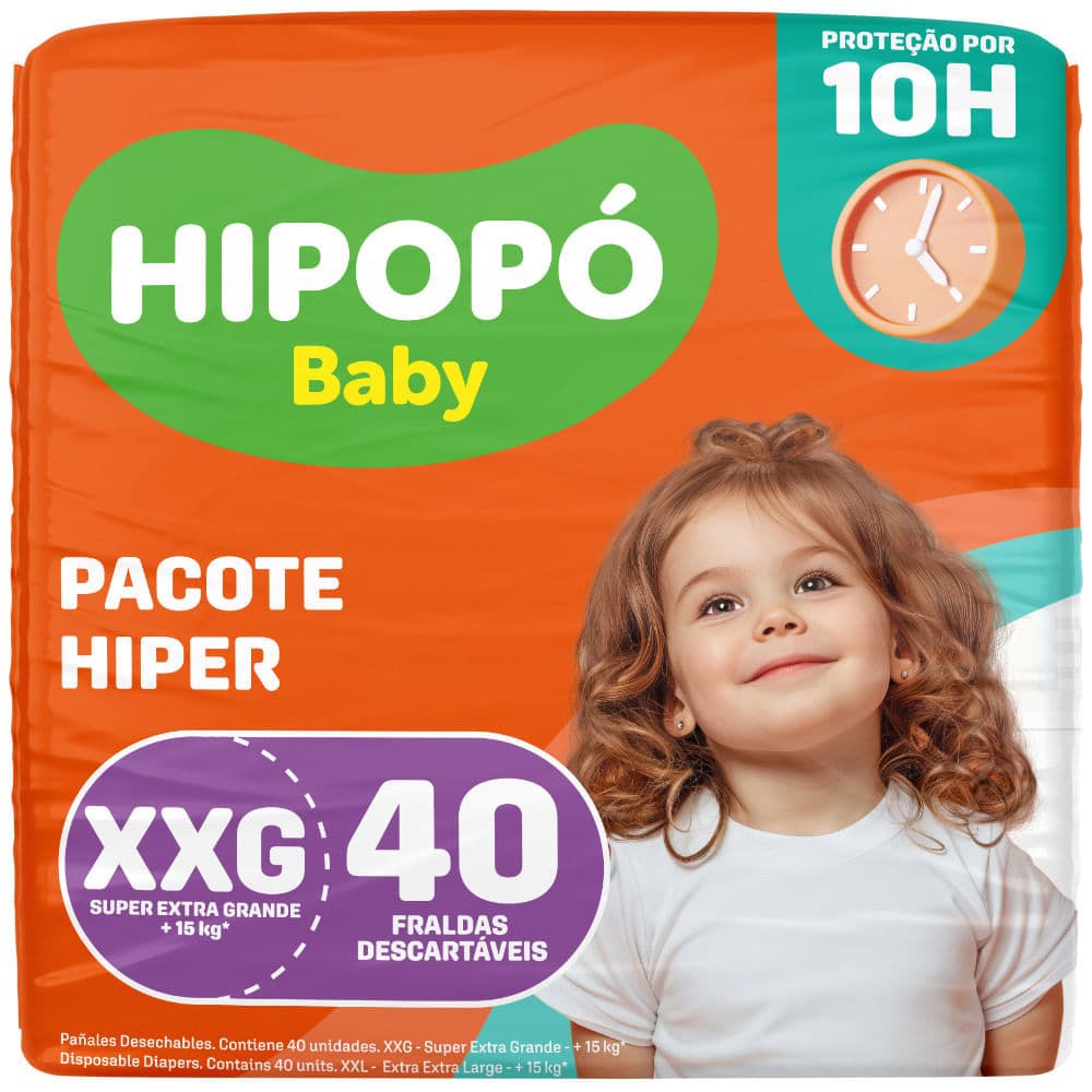 Fralda Hipopó Baby Tamanho XXG Pacote Hiper 40 Unidades Descartáveis