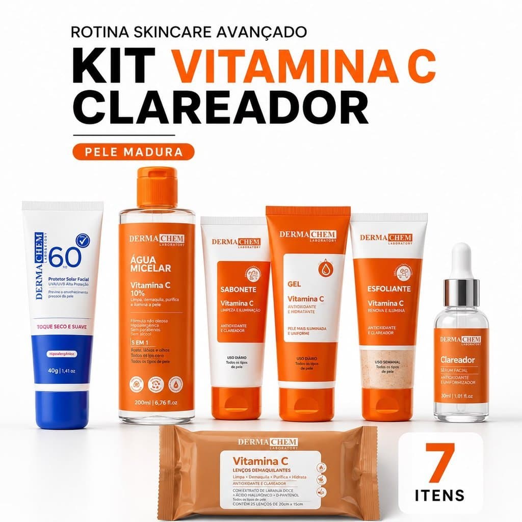 Kit Skincare Vitamina C Dermachem Clareador Anti Idade Uniformiza Manchas