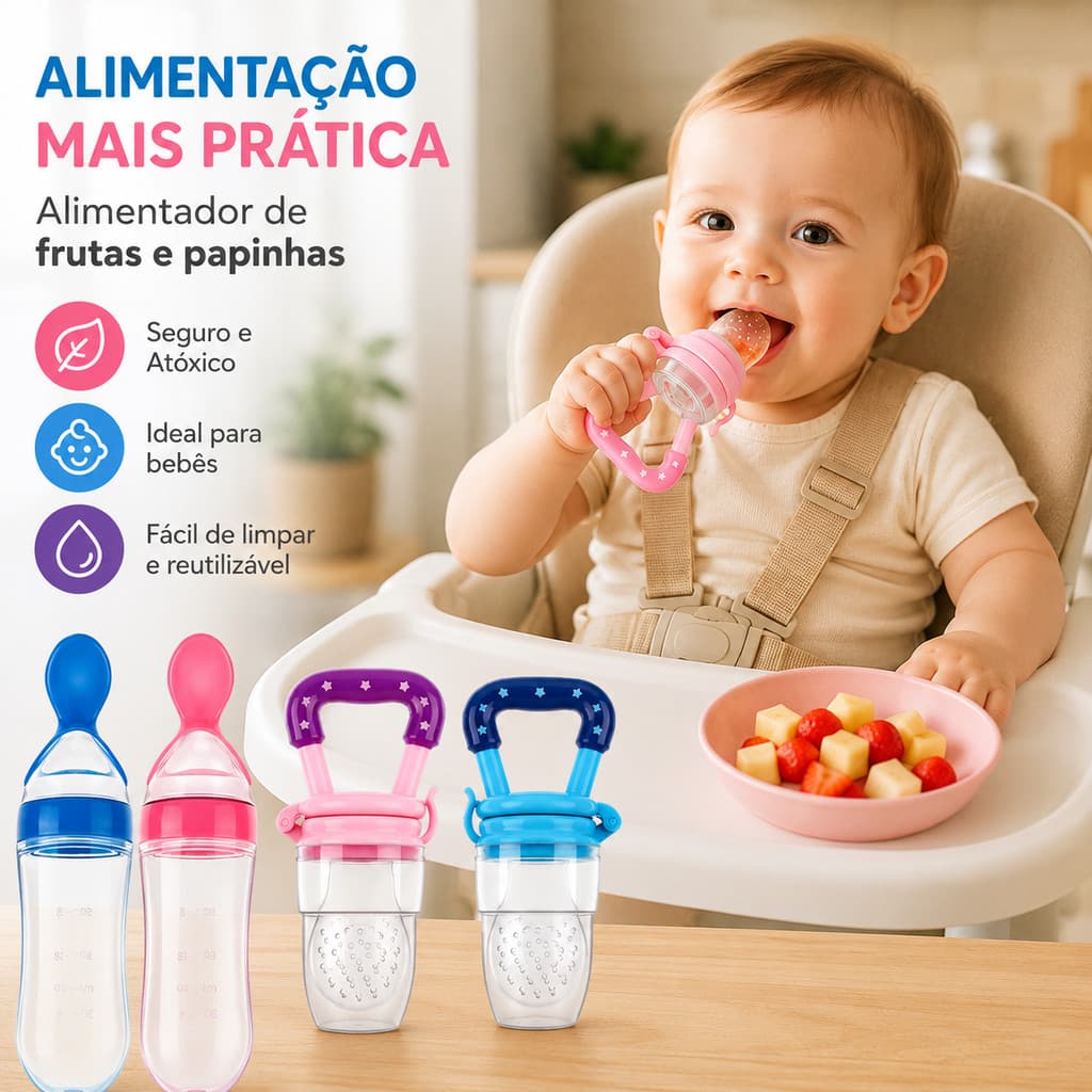 Kit Alimentação Infantil Chupeta Mordedor Porta Frutas + Mamadeira de Silicone com Colher Dosadora