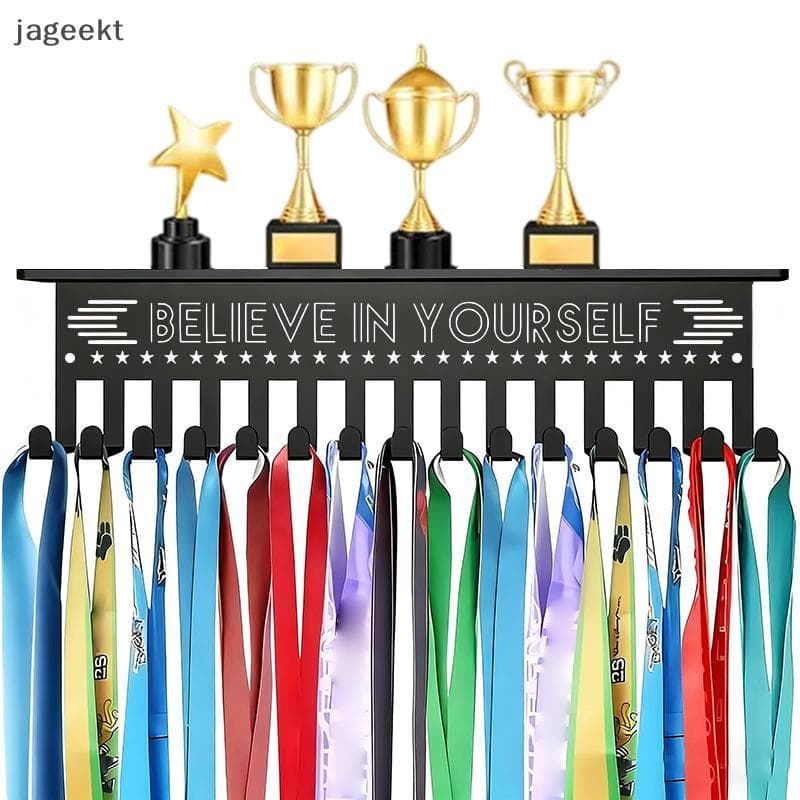 [jageekt] Exibição De Medalha Montada Na Parede Ra Metal Trophy Prateleira Cabide Display Com 15 Ganchos Suporte Organiz