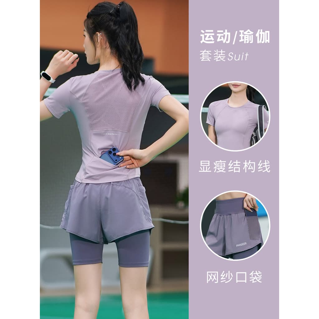 Badminton esportes terno feminino bolso traseiro de manga curta roupas de Fitness pode segurar roupas de corrida do tele
