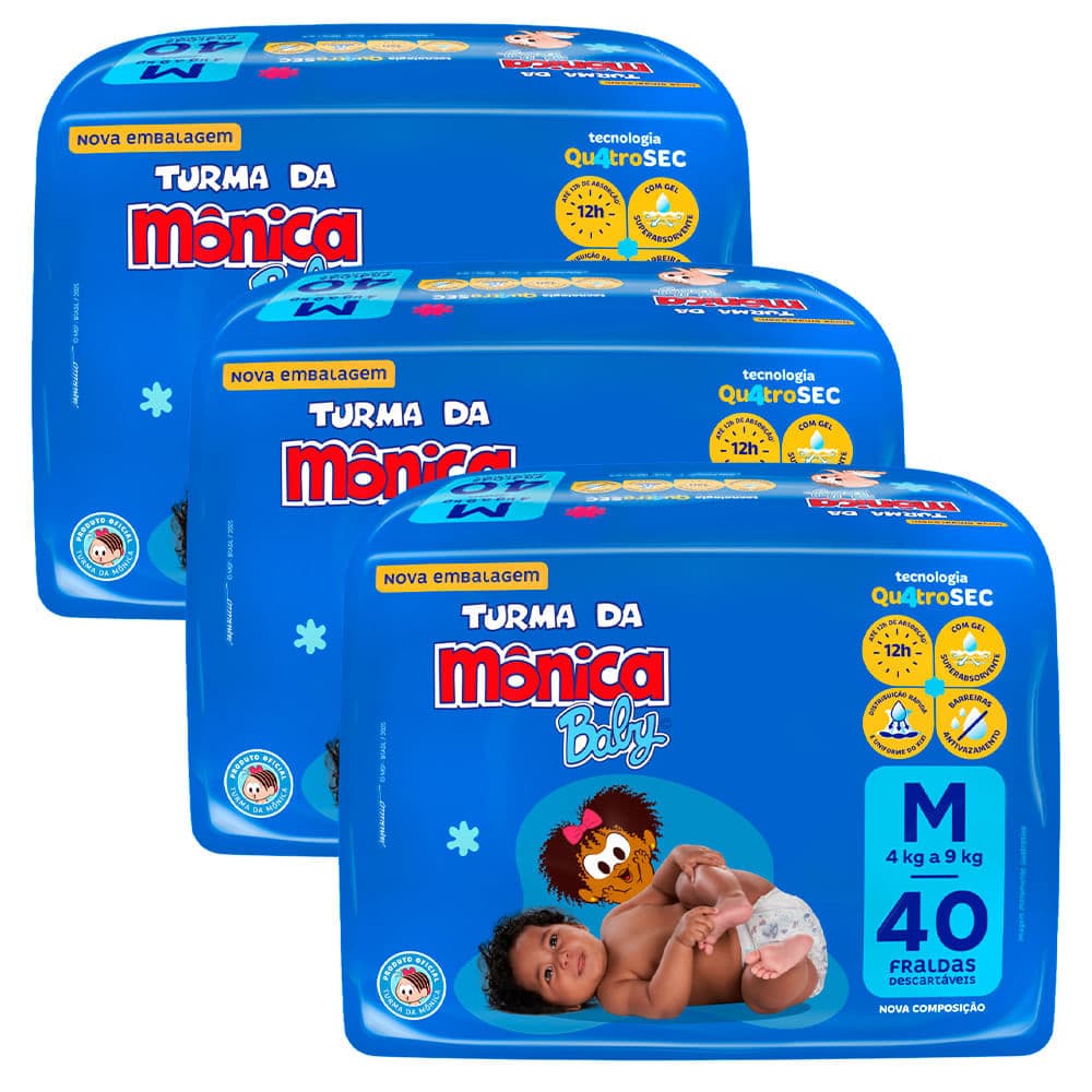 Kit 3 Fraldas Turma Da Mônica Mega M - 120 Tiras