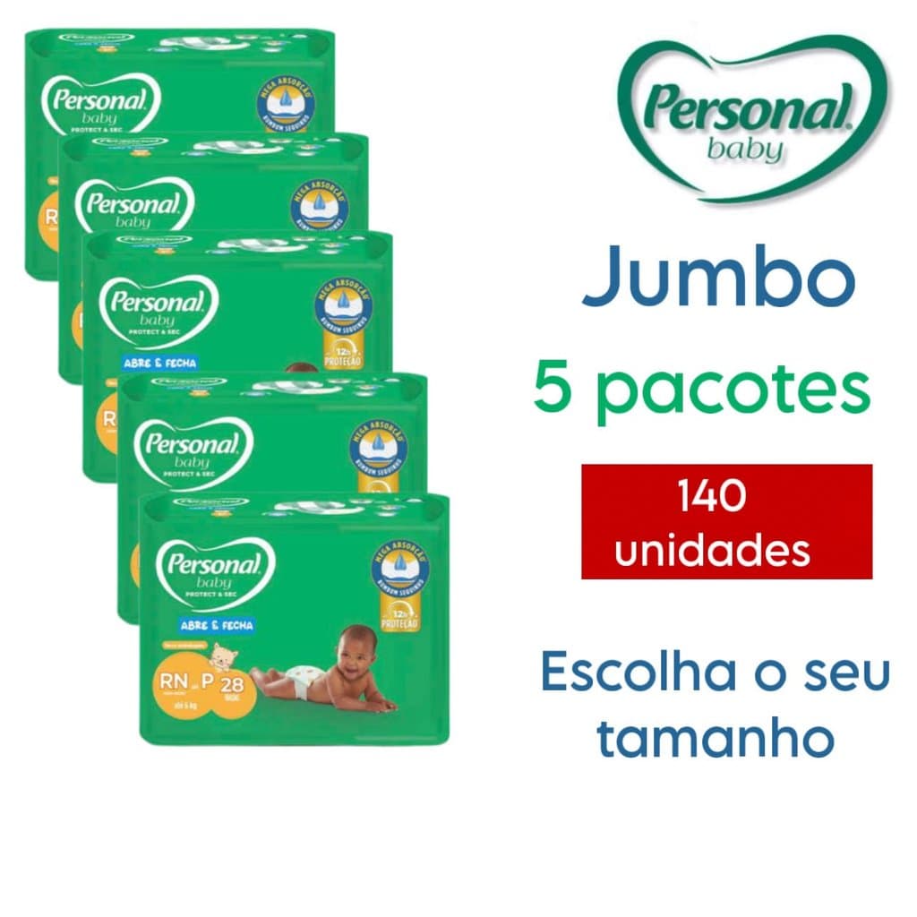 Kit 5 Pacotes Fralda Descartável Personal Baby JUMBO P,M,G,