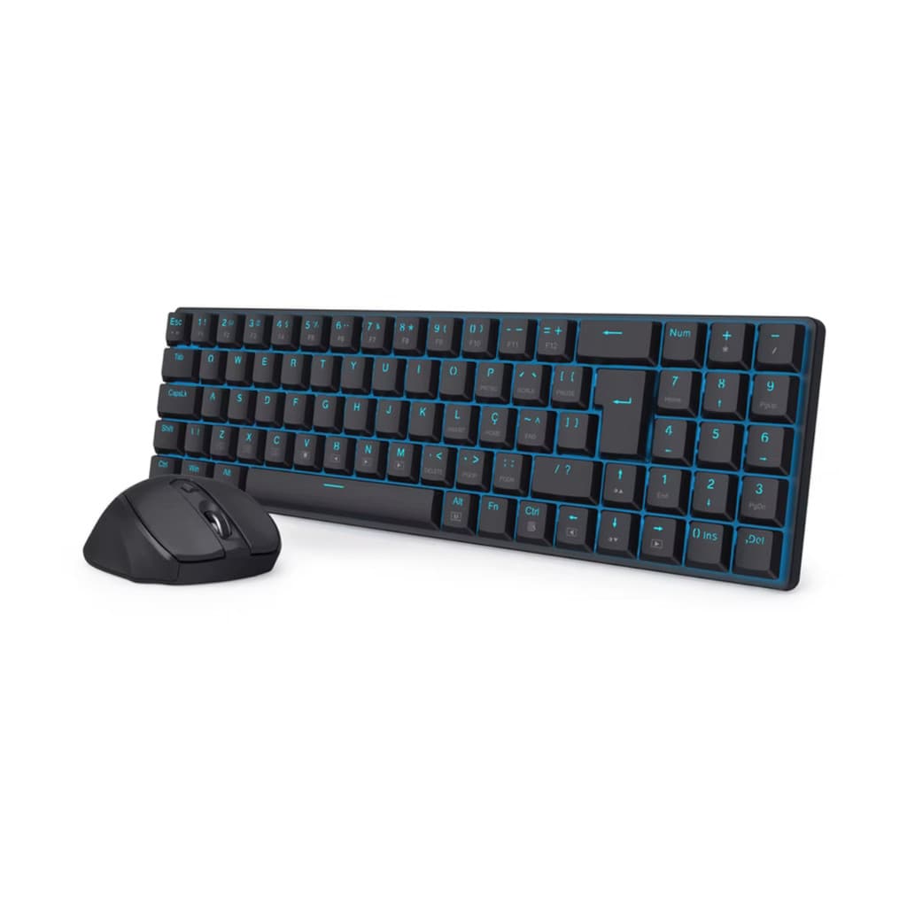 Kit Teclado e Mouse Mecânico Sem Fio Redragon Led Azul Preto Office BS-8772 BK