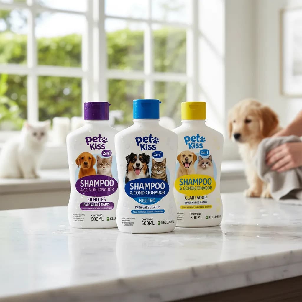 Kit Shampoo Pet Kiss Kelldrin 2 em 1 – 3x 500ml para Cães e Gatos Limpeza e Maciez