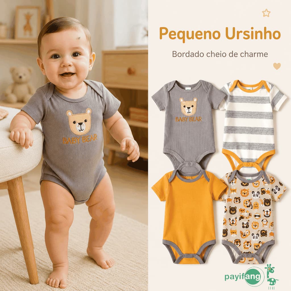 Kit Body Bebê 4 Peças 100% Algodão Bodies Manga Curta Roupa Infantil Bebê Enxoval Gola Envelope Troca Fácil P M G