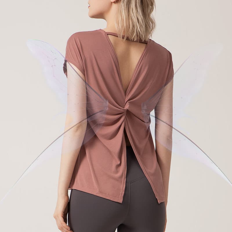 Split linda volta roupas de Yoga feminino solto Casual correndo esportes de manga curta topo feminino blusa de Fitness