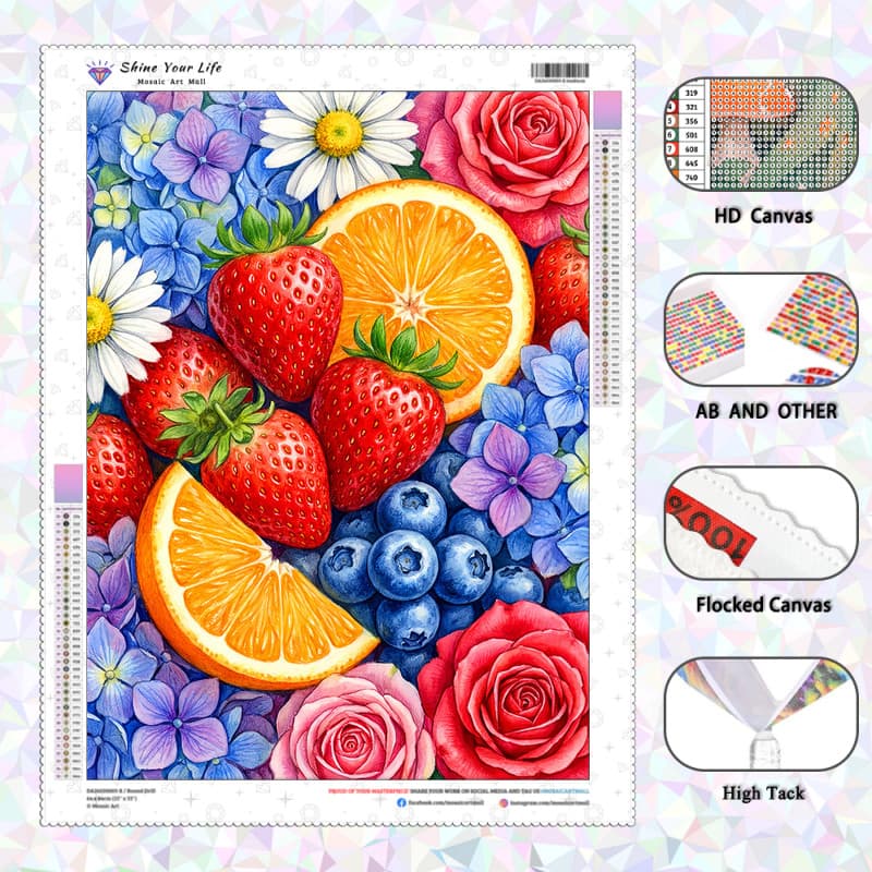 [PL Diamantes AB Atualizados + Tecido Flocado] Flores , Morangos , Frutas Pintura De Diamante 5D DIY Artesanato Mosaico 