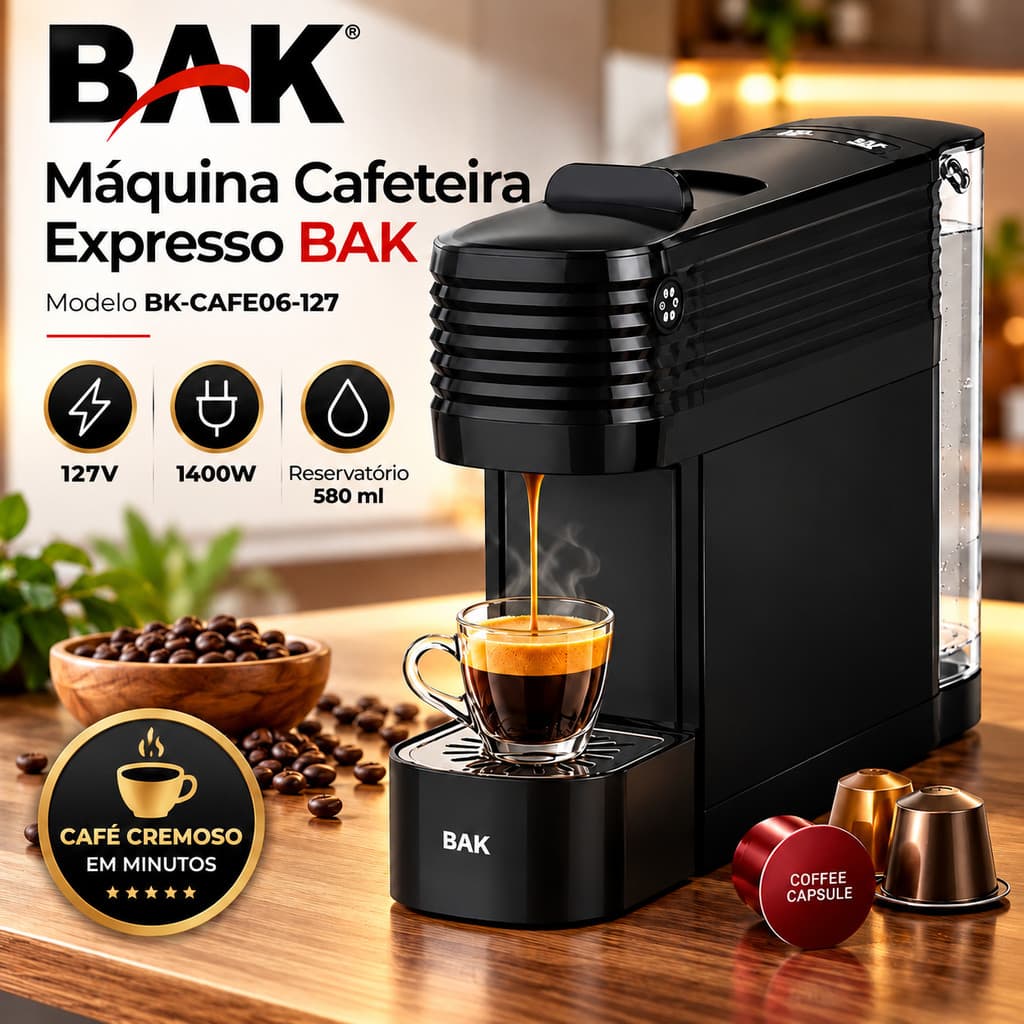 Cafeteira Expresso BAK 127V 1400W Cápsulas Reservatório 580ml Preta