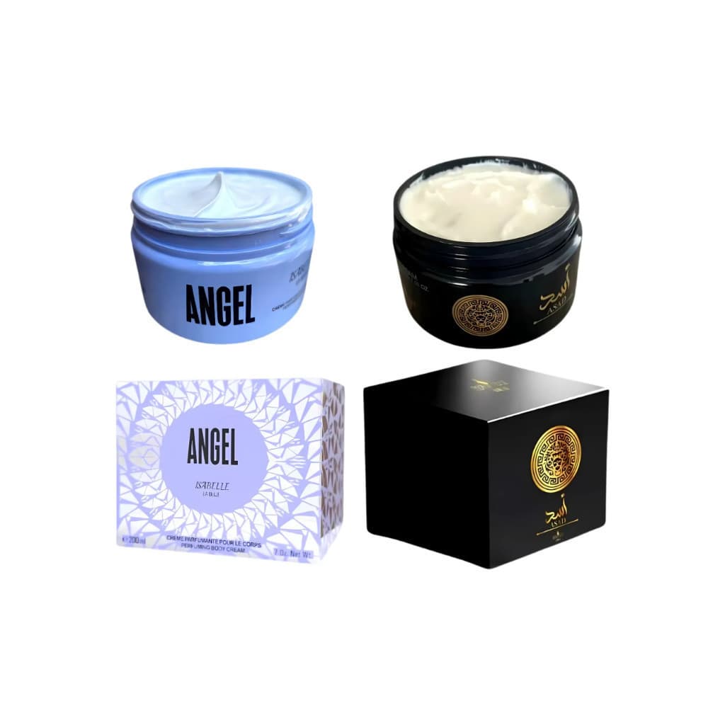 2 Hidratantes Perfumados Importados Árabes Asad + Angel Isabelle La Belle 236g cada - Combinação ideal para uso diário.