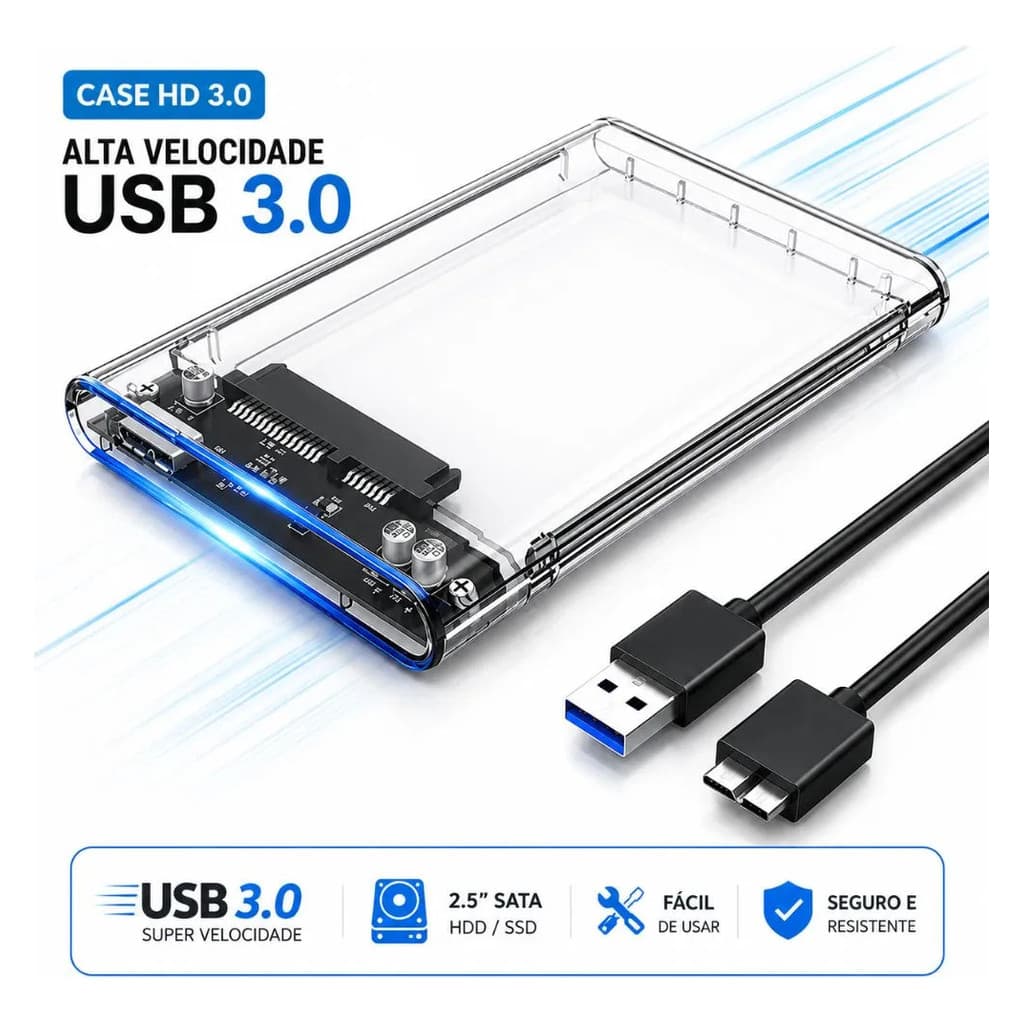 Case HD Externo USB 3.0 para HD/SSD Gaveta Externa Transparente com Cabo USB Alta Velocidade Compatível Notebook e PC