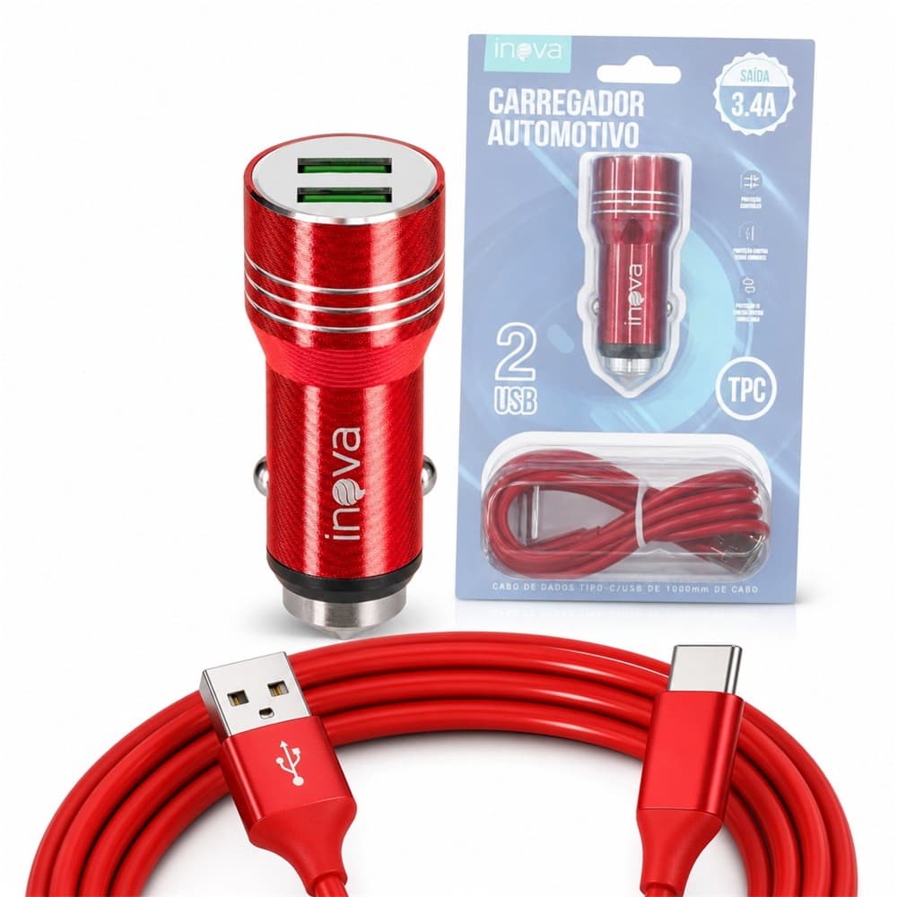 Carregador Veicular Turbo INOVA CAR-8357 com 2 Portas USB e Cabo Tipo-C de 1 Metro - Cor Cinza