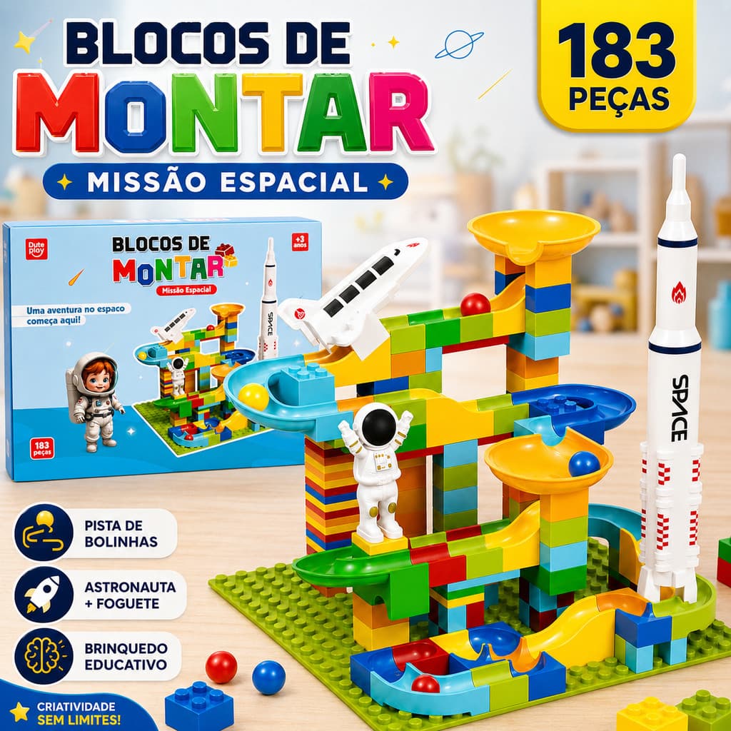 Blocos de Montar Missão Espacial 183 Peças Pista de Bolinhas Astronauta Foguete Brinquedo Educativo
