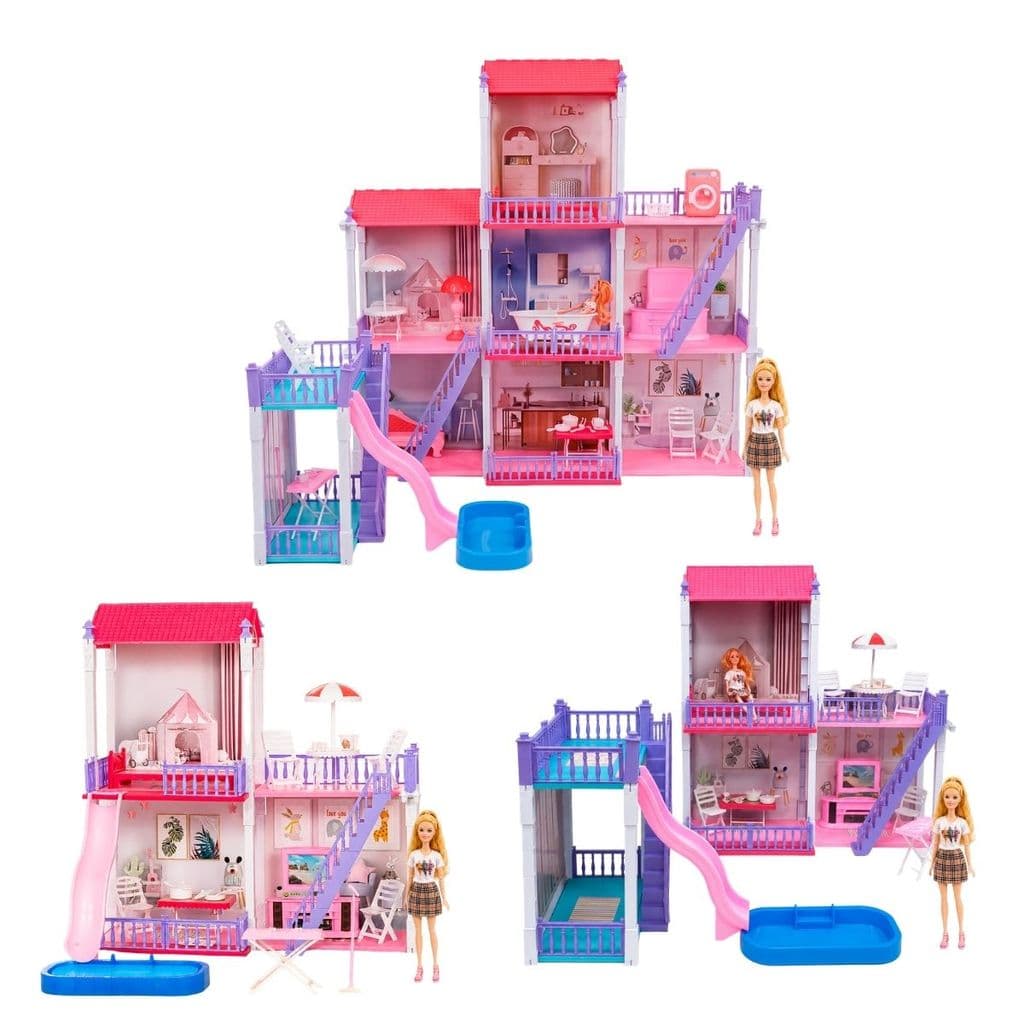 Casinha de Boneca Grande Brinquedo Infantil com Piscina Móveis Removíveis e Boneca Articulada 30cm Maxi Toys