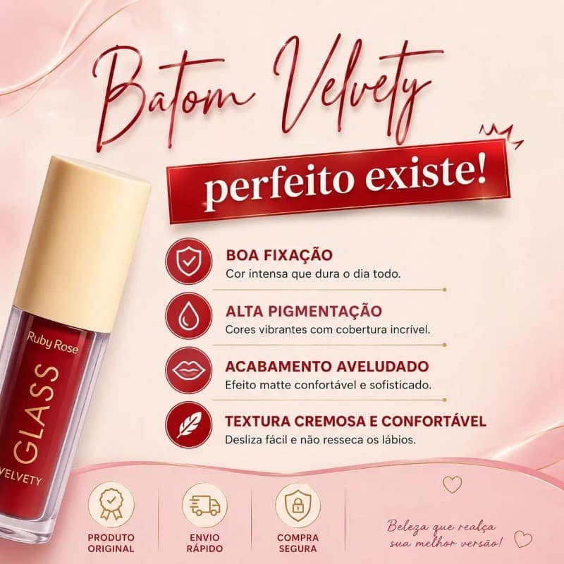 Ruby Rose Glass Velvety Batom Líquido Matte - Textura Cremosa e Longa Duração (Várias Cores)