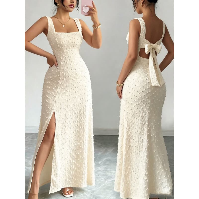 Vestido feminino gola quadrada tridimensional Jacquard vestido longo Halter arco fenda grande balanço vestido leve