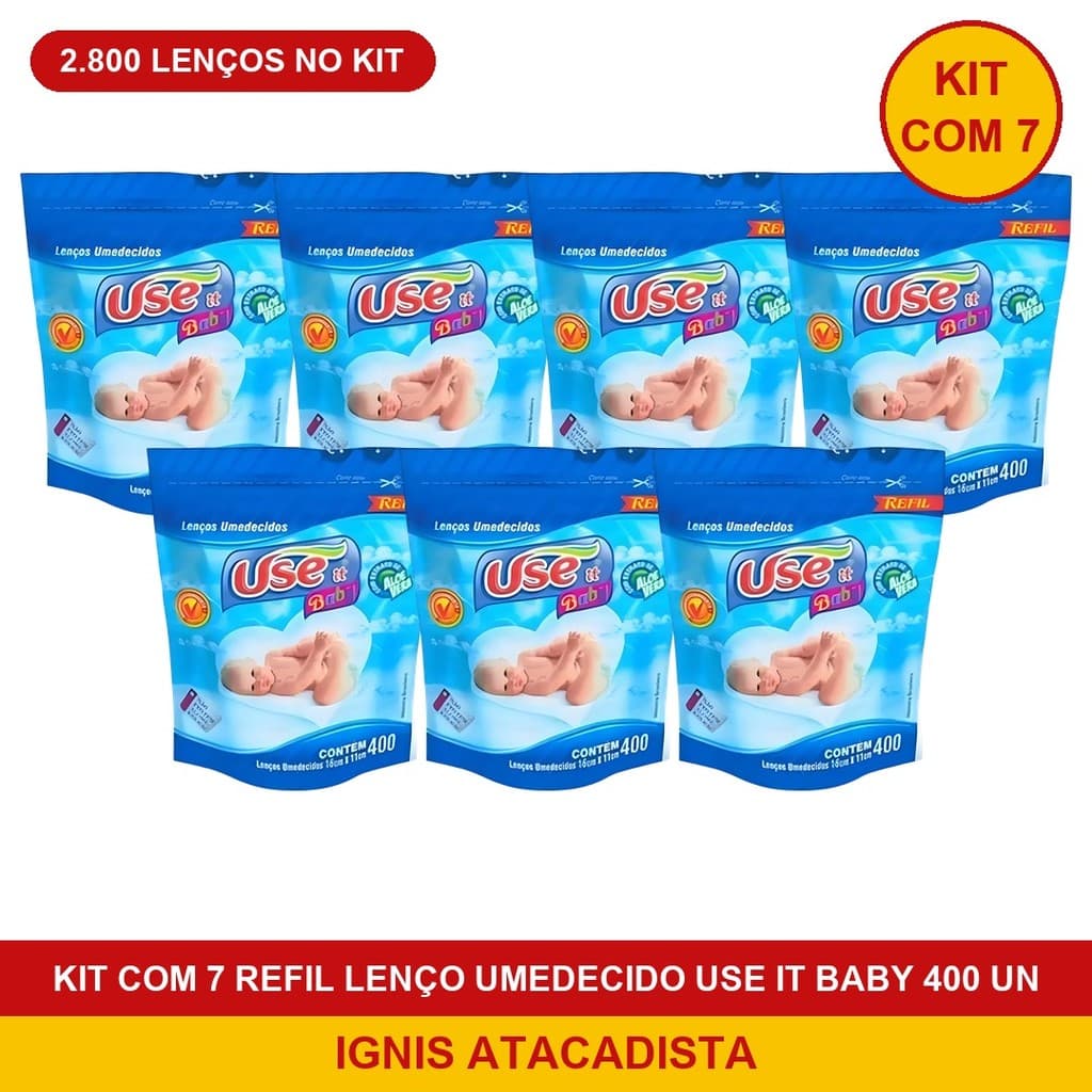 Kit 7 Refil Lenço Umedecido Use It Baby 400 Unidades 2800 Lenços Aloe Vera Bebê Fralda