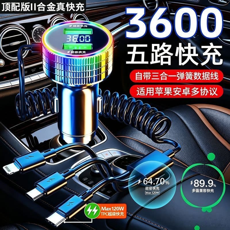 2026 um para cinco carregador de carro celular carga Super rápida vem com linha ponteiro do carro conversão carregador d