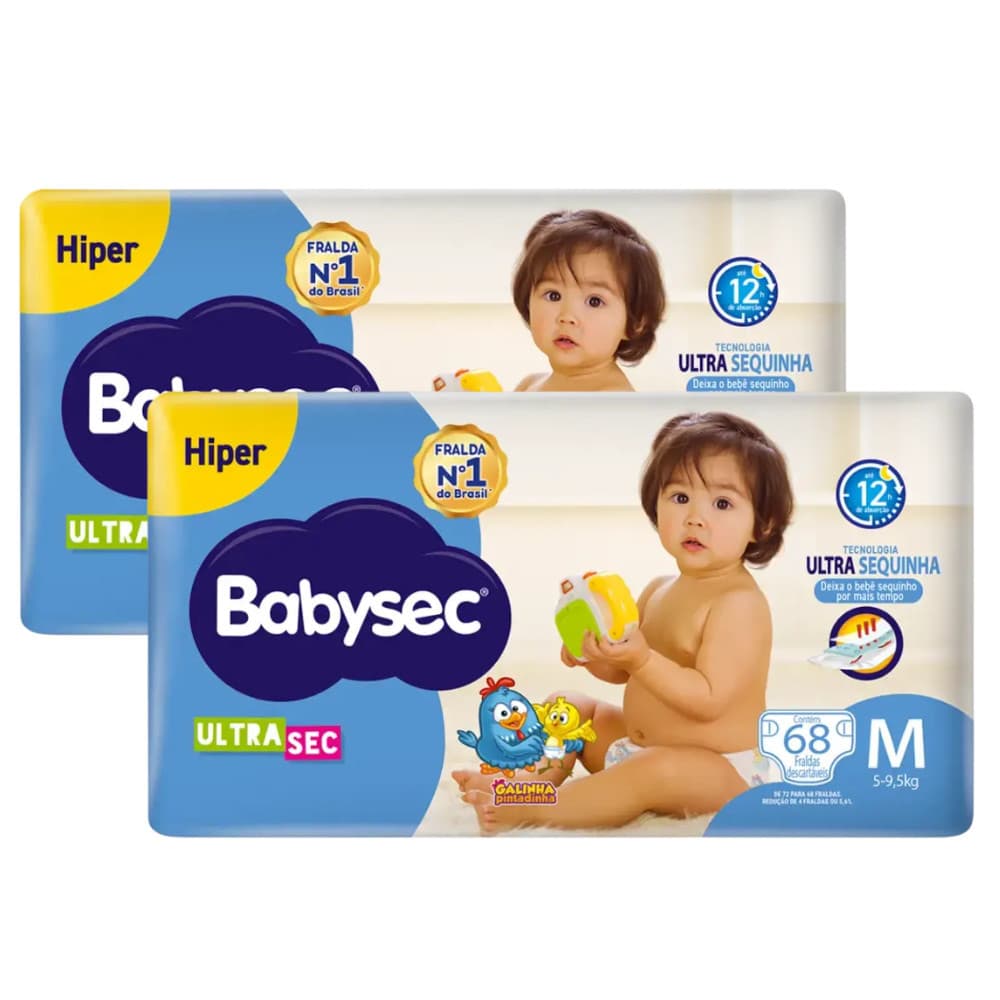 Kit Duplo 2x Fralda BabySec Ultrasec Hiper M 68un – Ideal para Bebês Ativos
