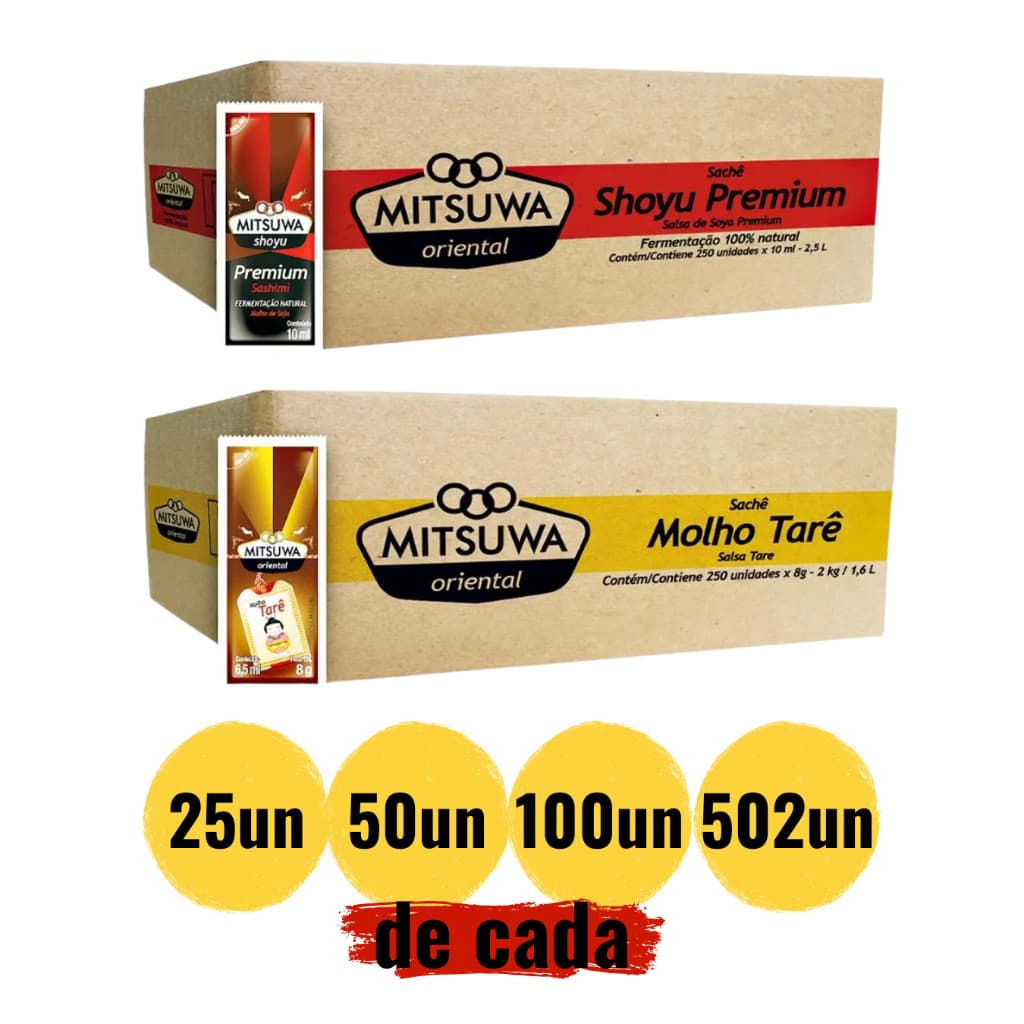 Kit Sache Shoyu e Tarê Mitsuwa Premium - Kits com 25, 50 e 100 Unidades