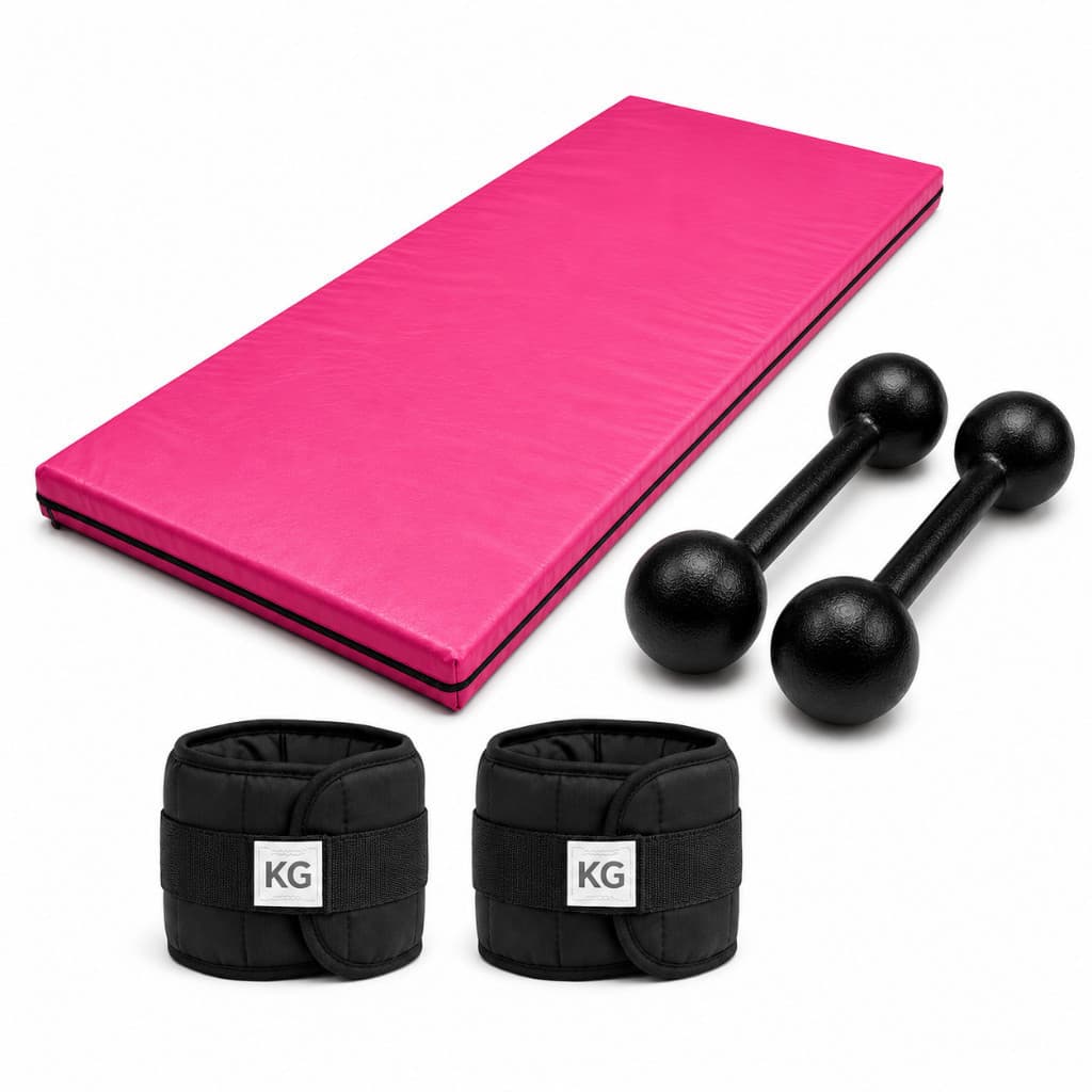 -Promo KIT FITNESS COMPLETO COLCHONETE ROSA + PAR 2KG HALTER BOLA + PAR 2KG CANELEIRA PRETO | TREINO EM CASA OU ACADEMIA